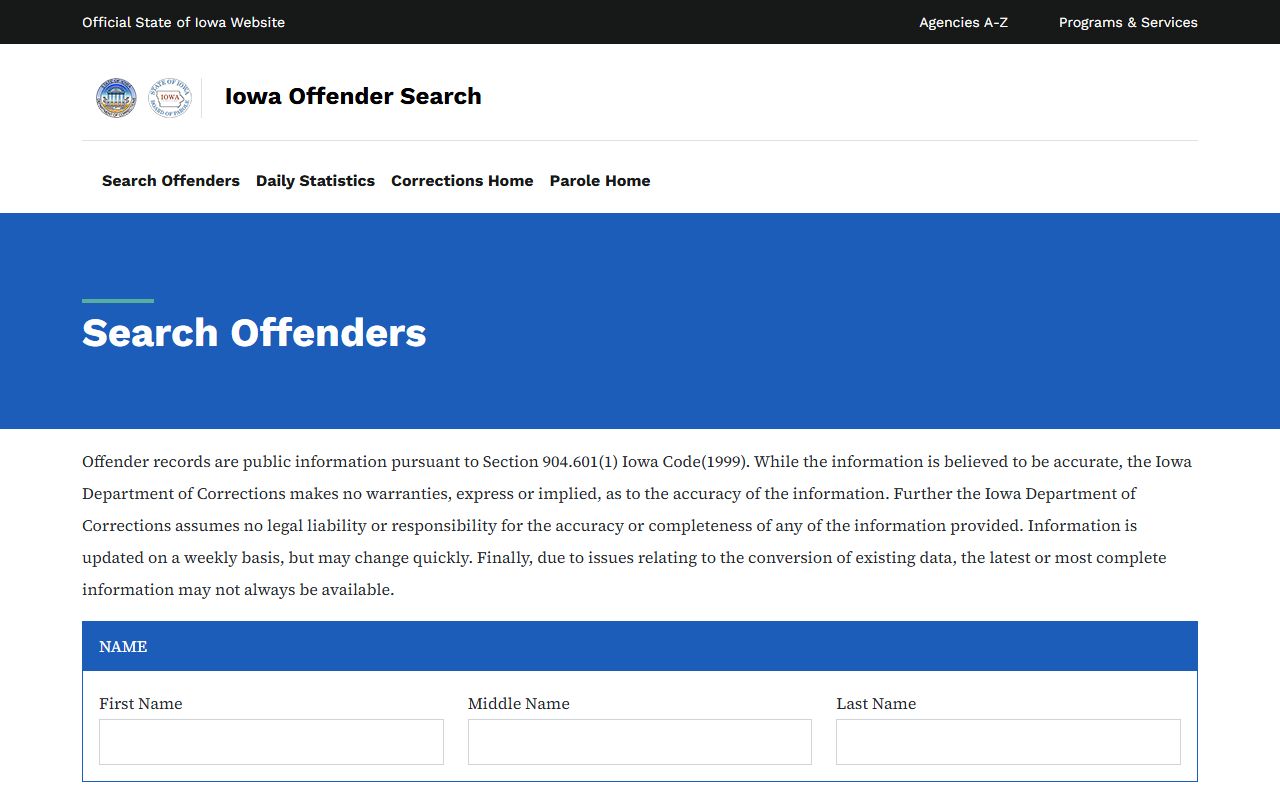 Iowa Department of Corrections offender search page for state prison and supervision records