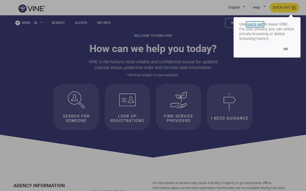 IowaVINE public notification service page for Iowa custody and case notifications