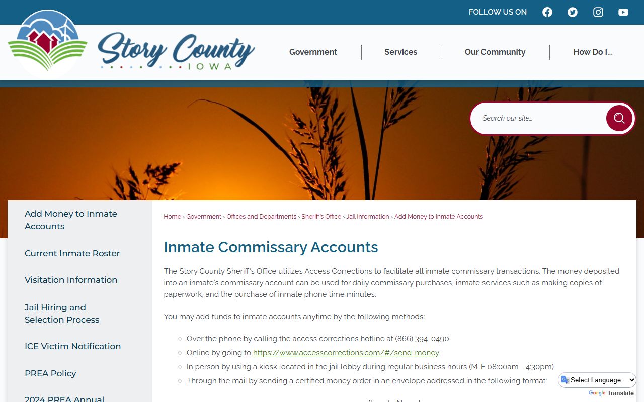Story County inmate commissary account page with Access Corrections deposit options