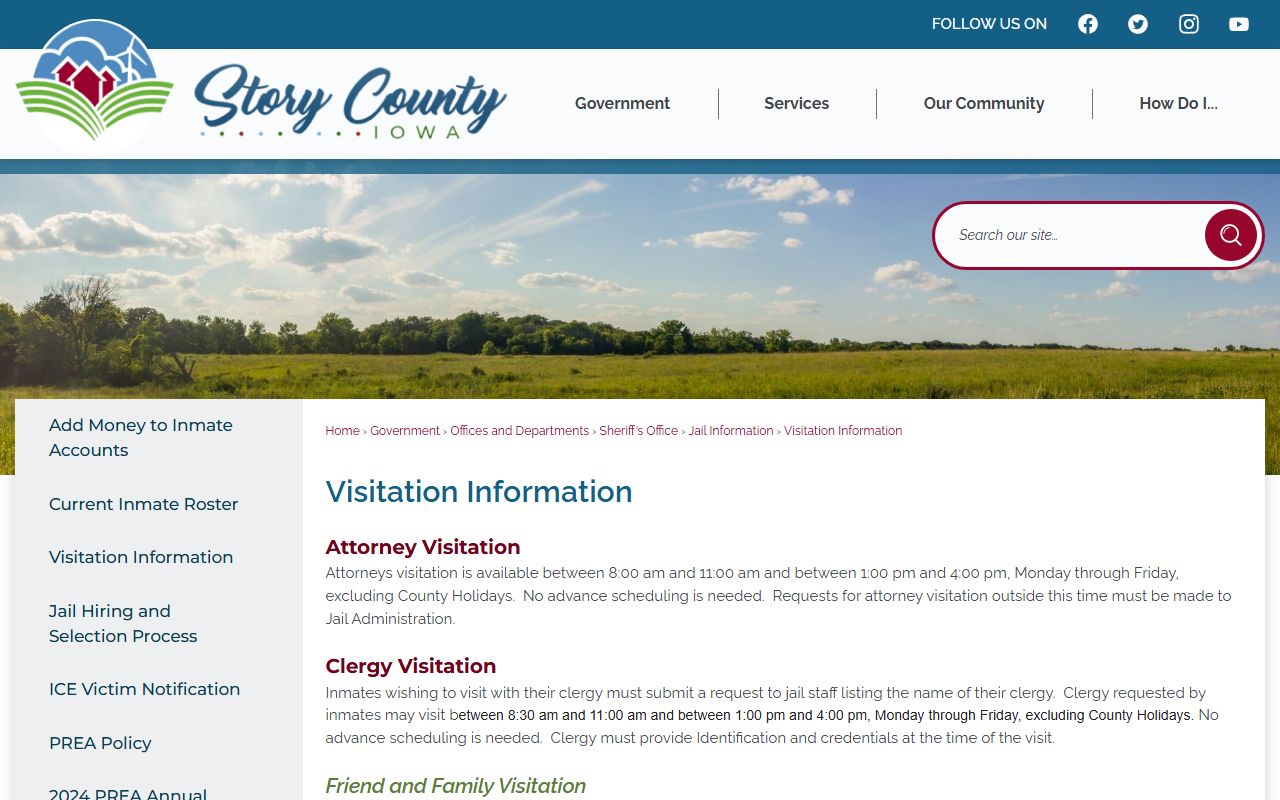 Story County Jail visitation schedule and inmate visit rules