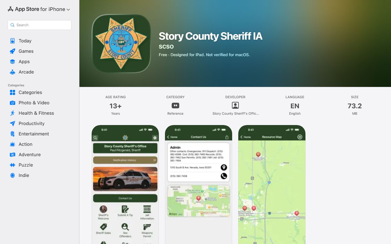 Apple App Store listing for the Story County Sheriff IA mobile app